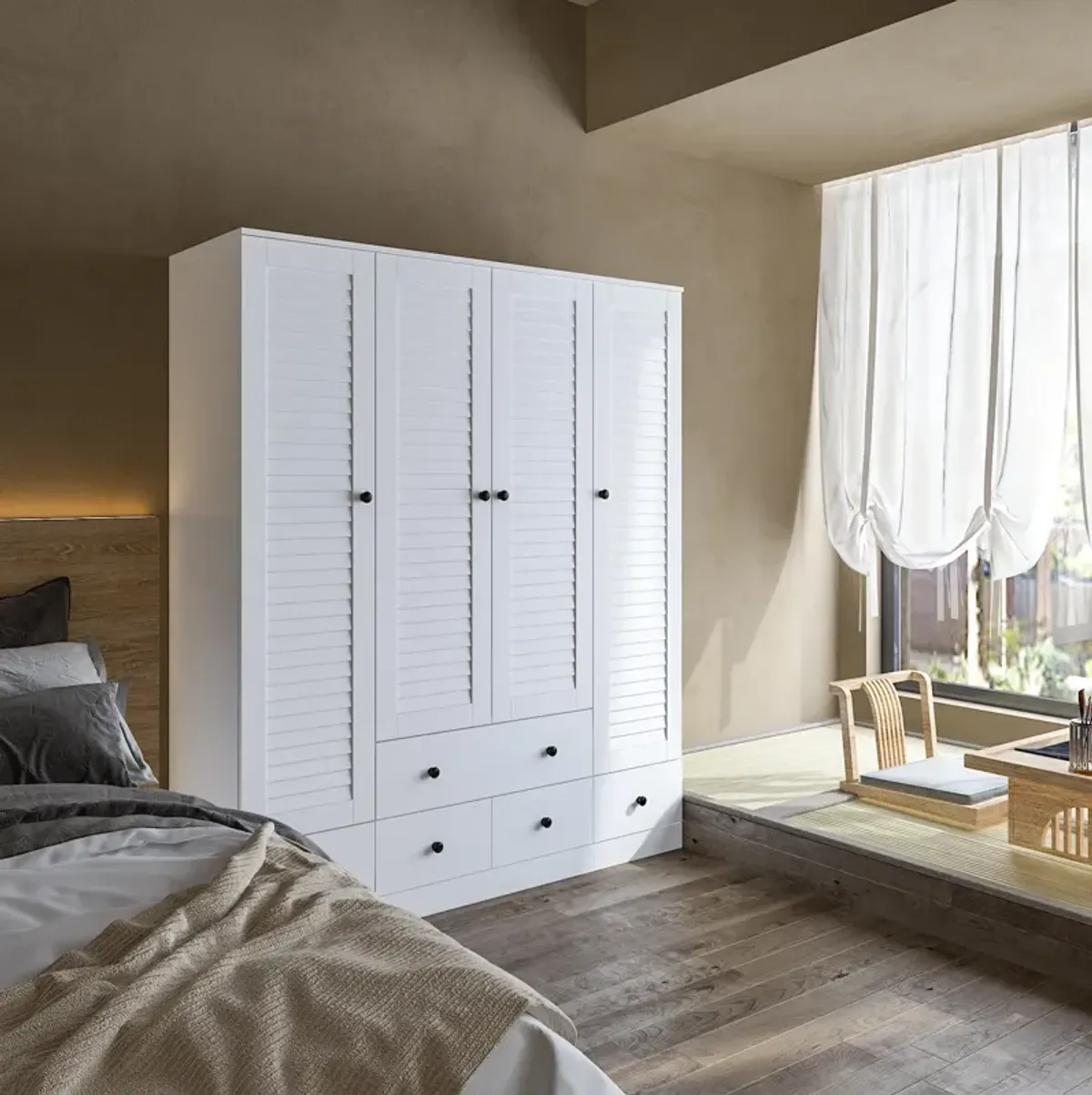 70 in. H x 19 in. D White Wood 59 in. W 4 Shutter Doors Big Armoires Wardwore with 6-Drawers, Hanging Rod