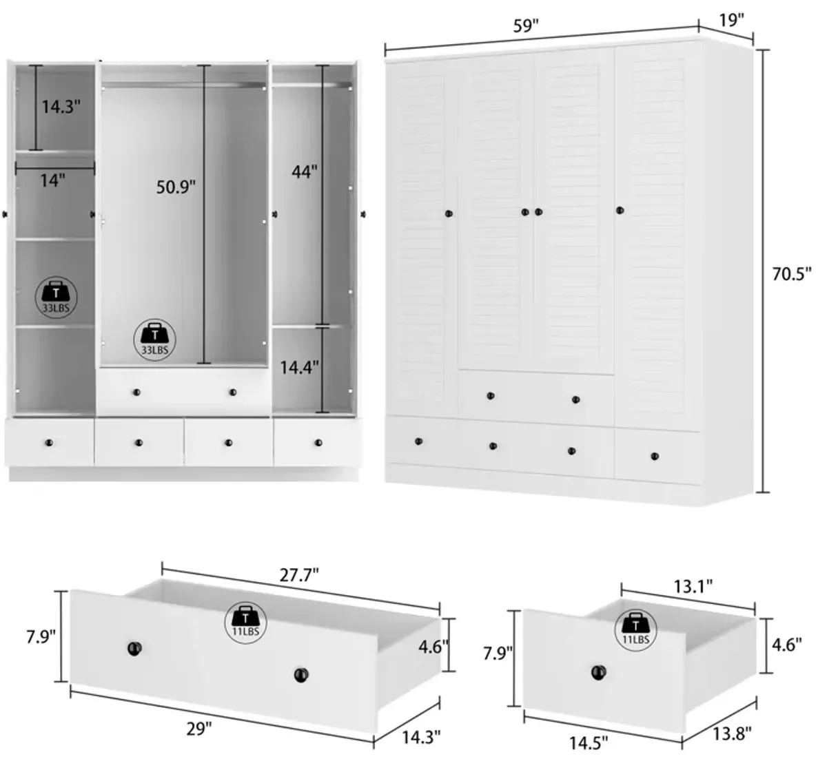 70 in. H x 19 in. D White Wood 59 in. W 4 Shutter Doors Big Armoires Wardwore with 6-Drawers, Hanging Rod