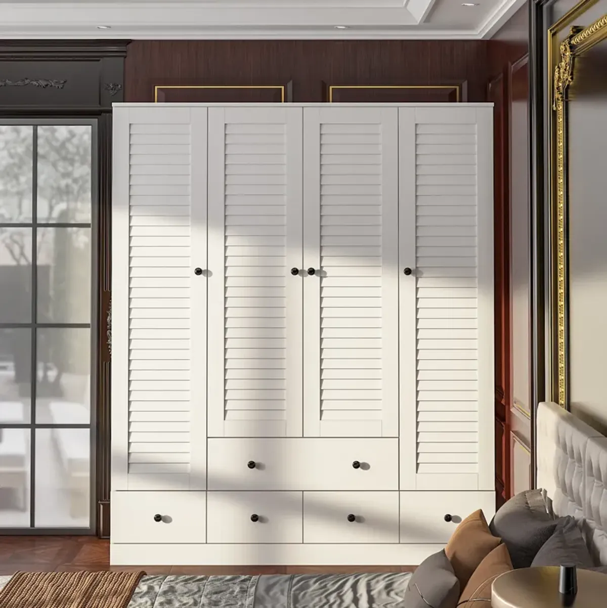 70 in. H x 19 in. D White Wood 59 in. W 4 Shutter Doors Big Armoires Wardwore with 6-Drawers, Hanging Rod