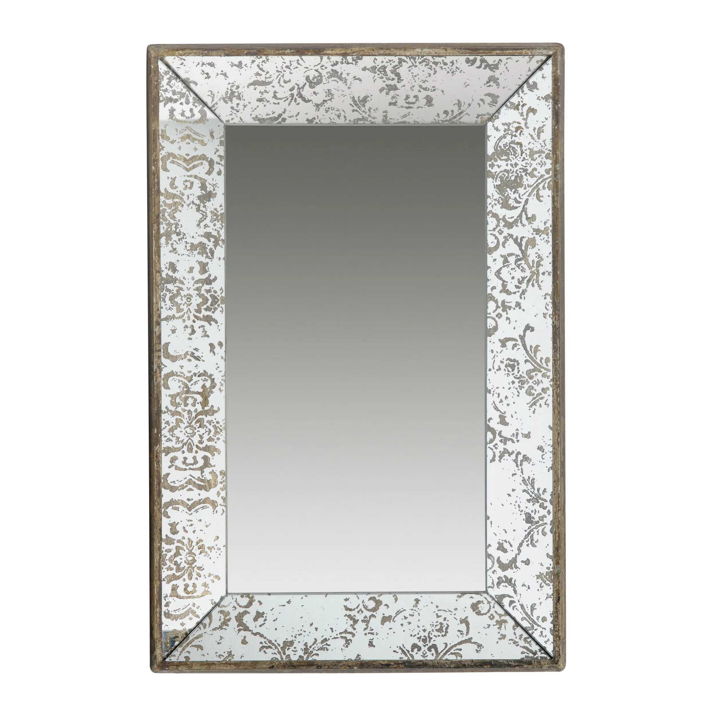 Rosa 16 x 24 Wall Mount Mirror, Brown Wood Frame with Abstract Gold Overlay-Benzara