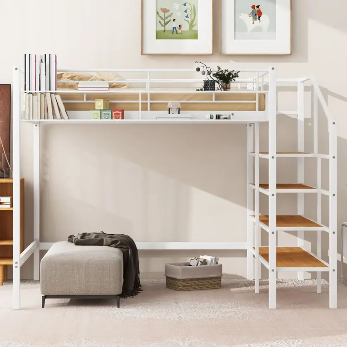 Merax Metal Loft Bed with Storage Shelves