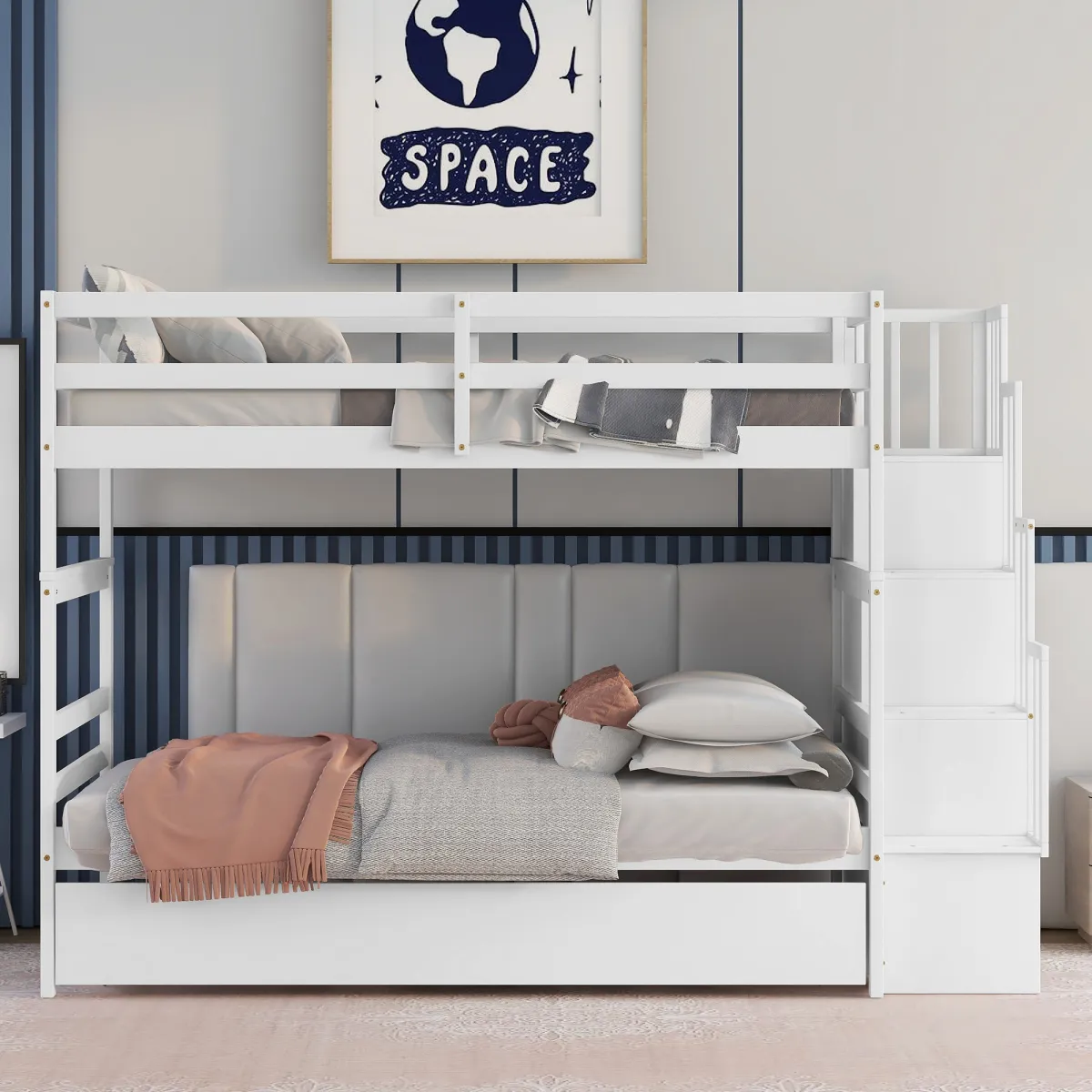 Bunk Beds Twin over Twin Stairway Storage function White color