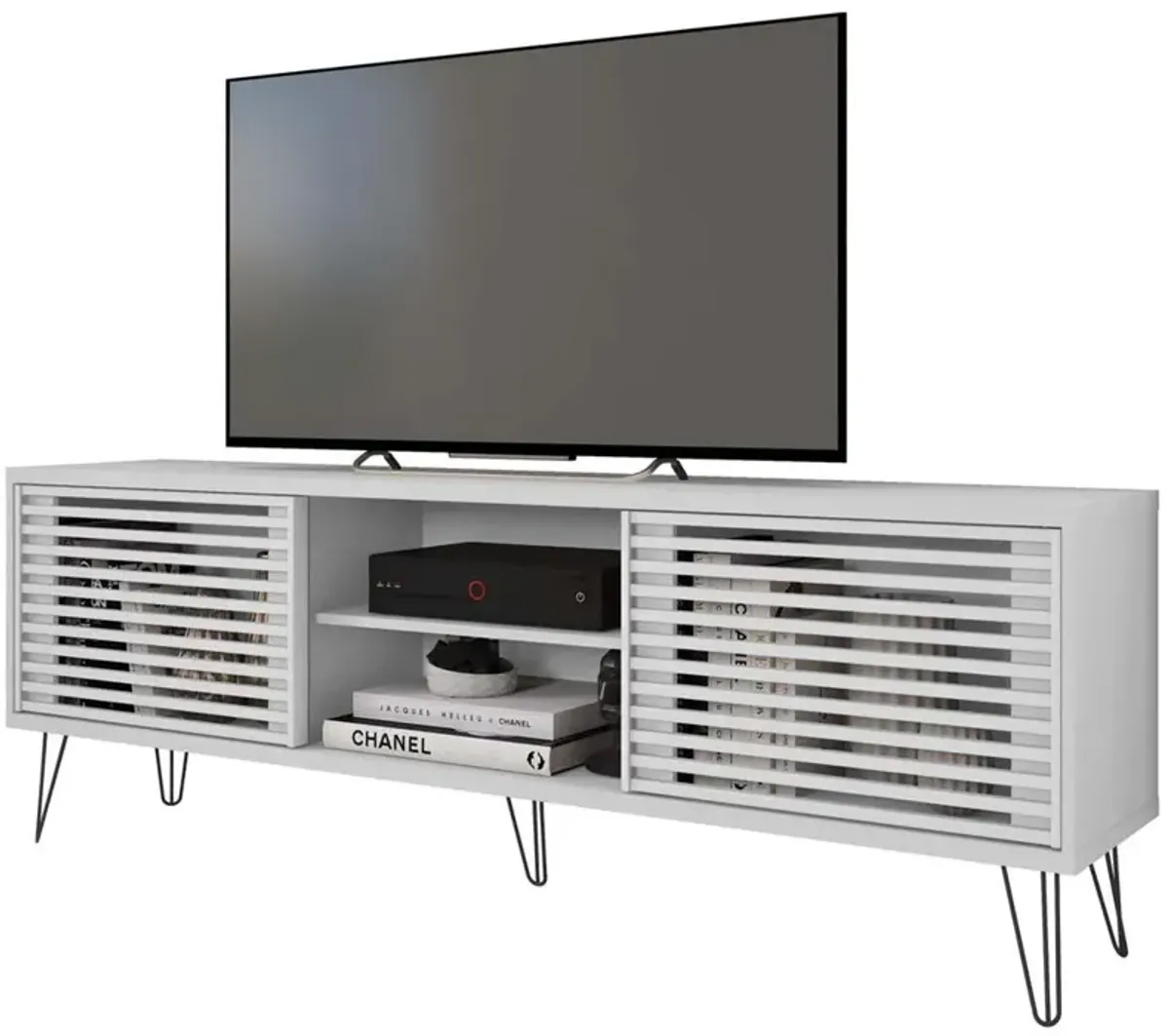 Better Home Products Frizz Mid-Century Modern TV Stand for up to 70 Inches TV in White / Easy Assembly