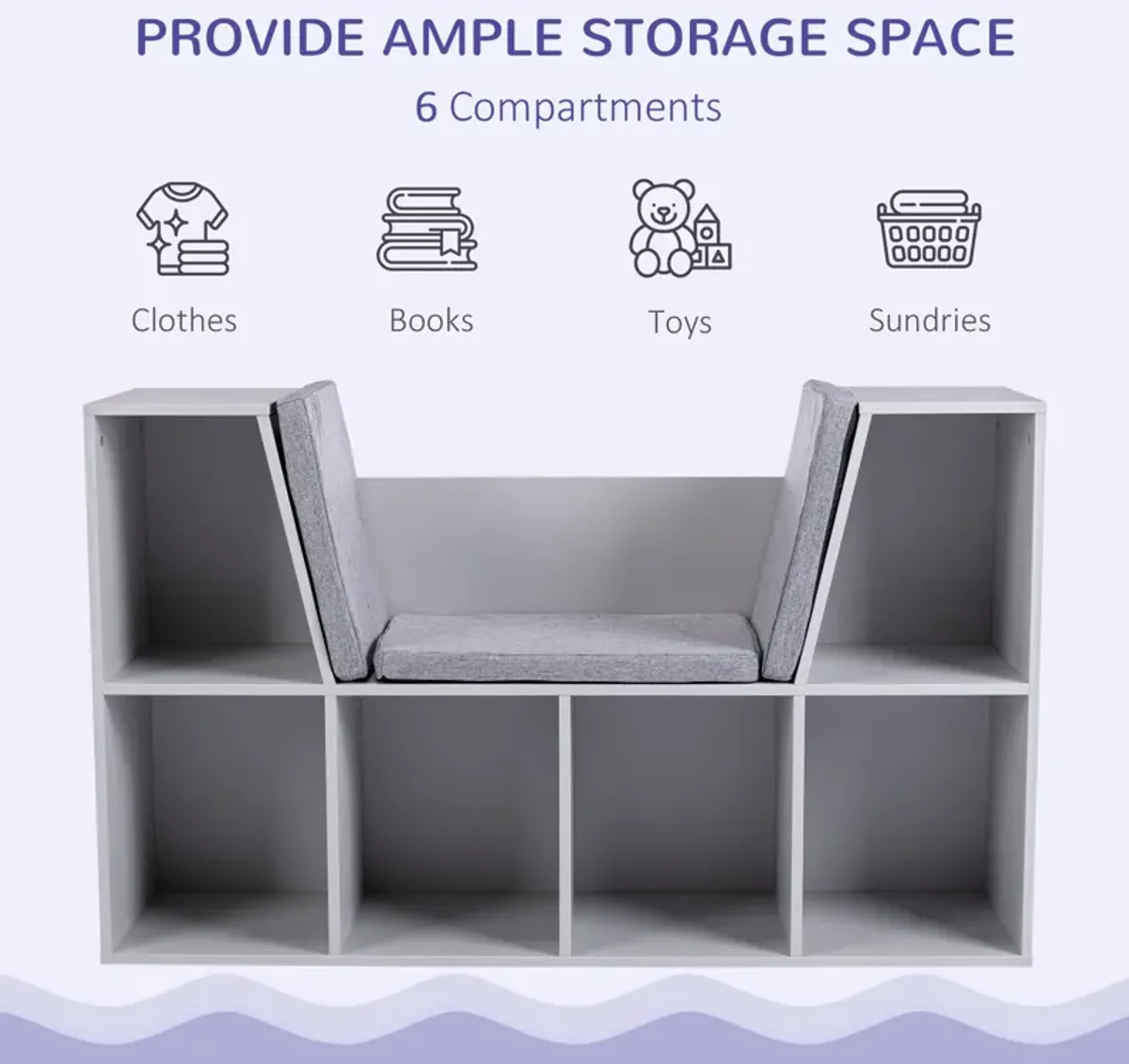 Gray Kids' Corner: 6-Cube Bookcase with Reading Nook and Cushion