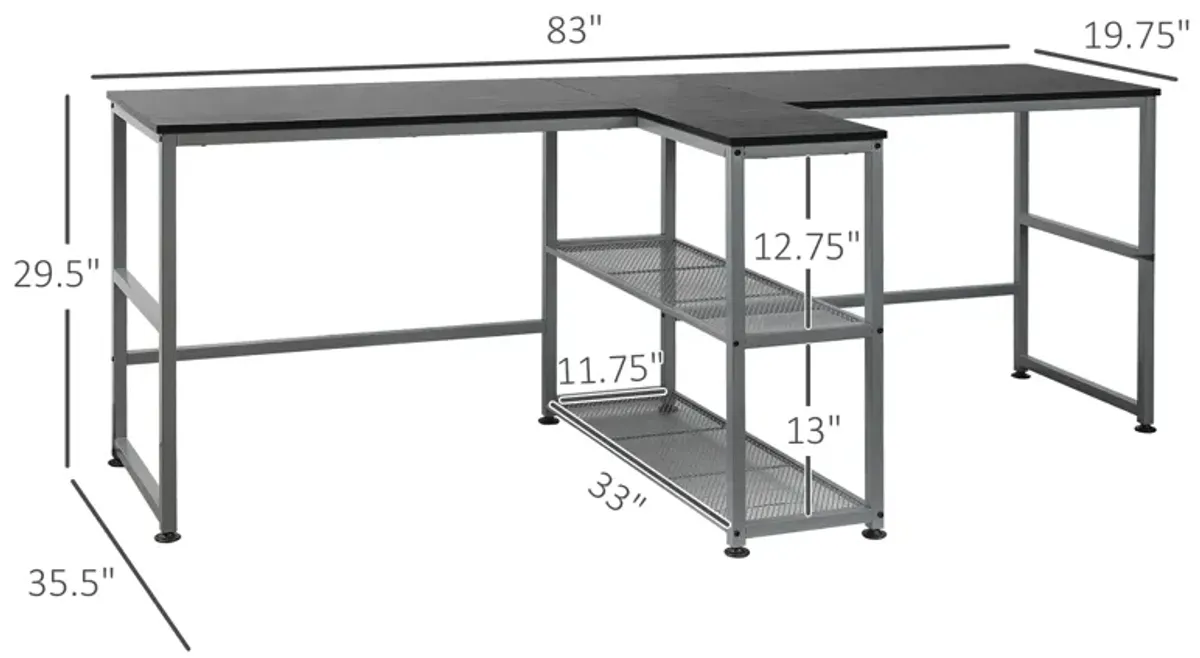 HOMCOM 83" Two Person Computer Desk with 2 Storage Shelves, Double Desk Workstation with Book Shelf, Long Desk Table for Home Office, Black