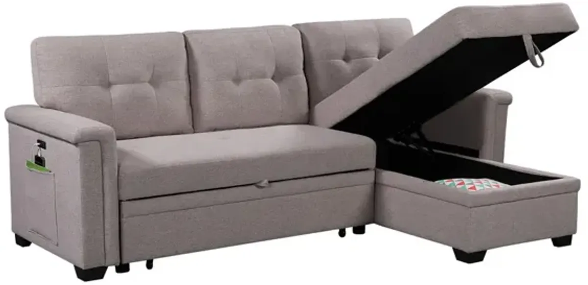 Nathan Light Reversible Sleeper Sectional Sofa With Storage Chaise, USB Charging Ports And Pocket