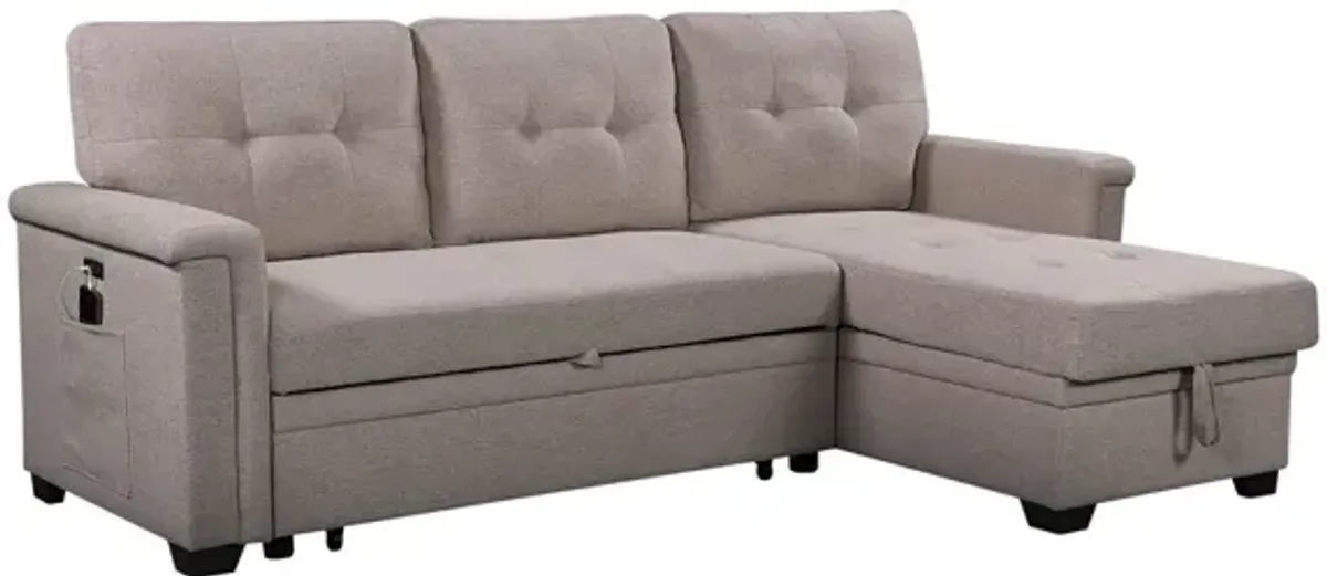 Nathan Light Reversible Sleeper Sectional Sofa With Storage Chaise, USB Charging Ports And Pocket