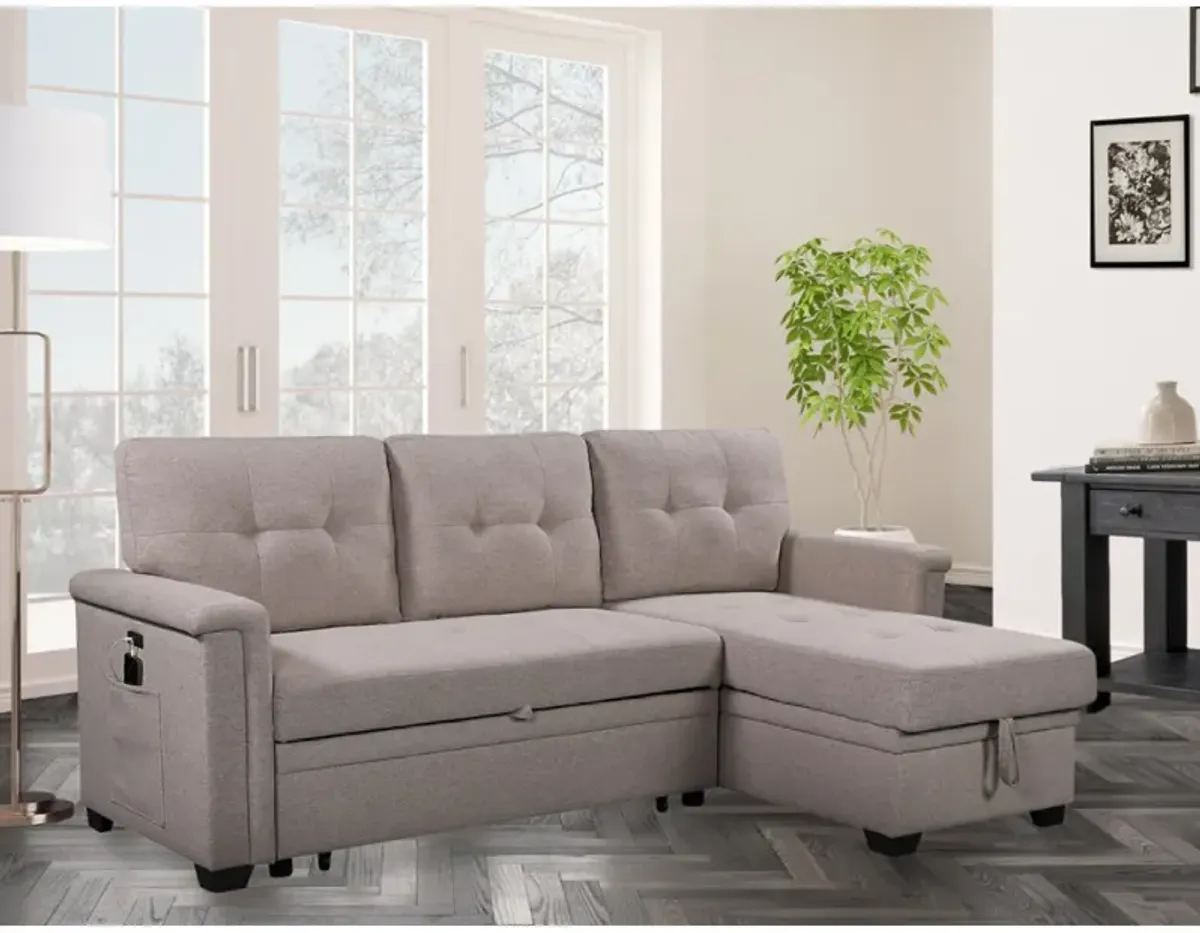 Nathan Light Reversible Sleeper Sectional Sofa With Storage Chaise, USB Charging Ports And Pocket