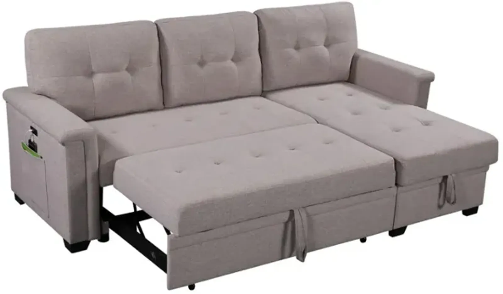 Nathan Light Reversible Sleeper Sectional Sofa With Storage Chaise, USB Charging Ports And Pocket