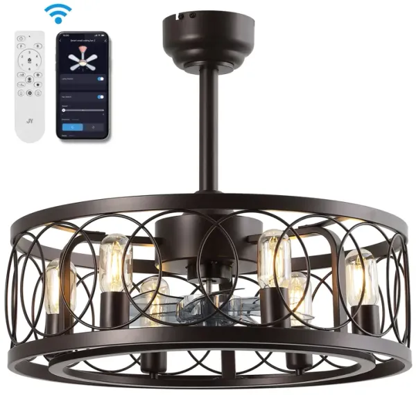 Celeste 6-Light Industrial Farmhouse 6-Speed Metal Mobile-App Remote-Controlled Caged LED Ceiling Fan