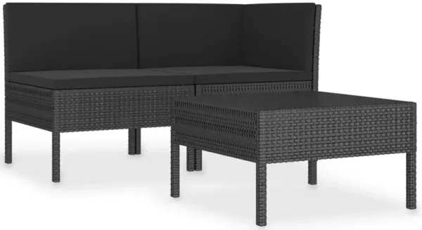 3pc Outdoor Lounge Set, Coffee Table and Loveseat Black Poly Rattan - Benzara