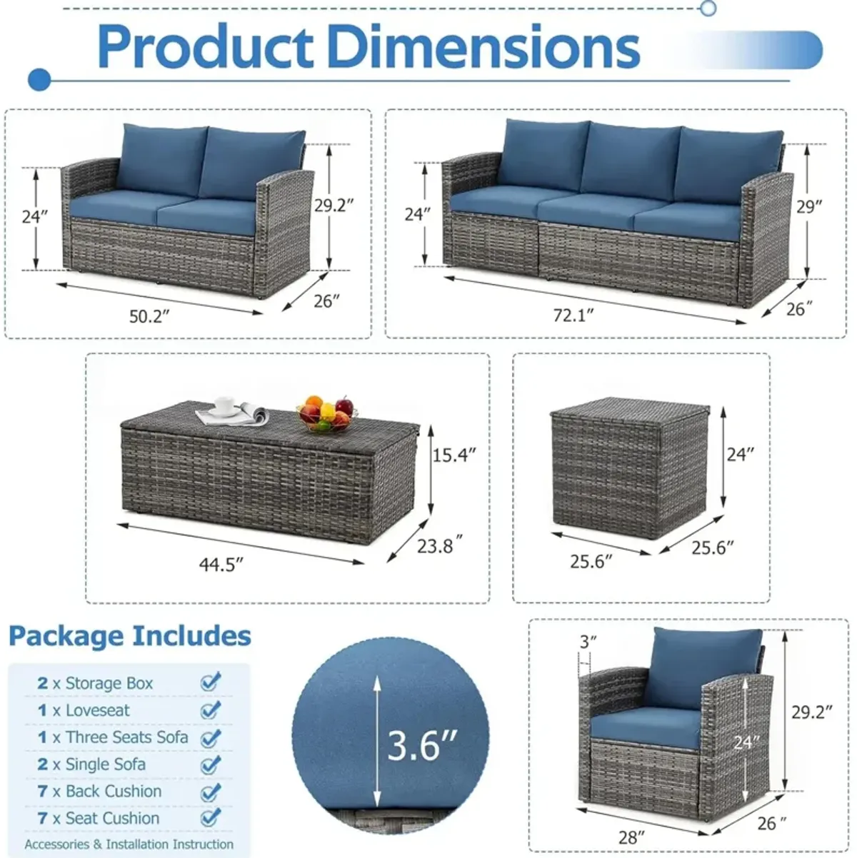Mondawe 6 Pieces Outdoor Seating Set PE Rattan Patio Sectional Conversation Set with Cushions for 5 Person