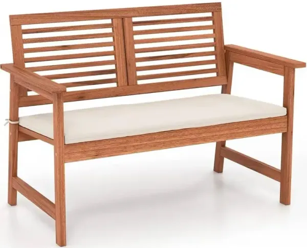 Durable Wooden Patio Bench – Outdoor Garden Seat with Slatted Back and Padded Cushion