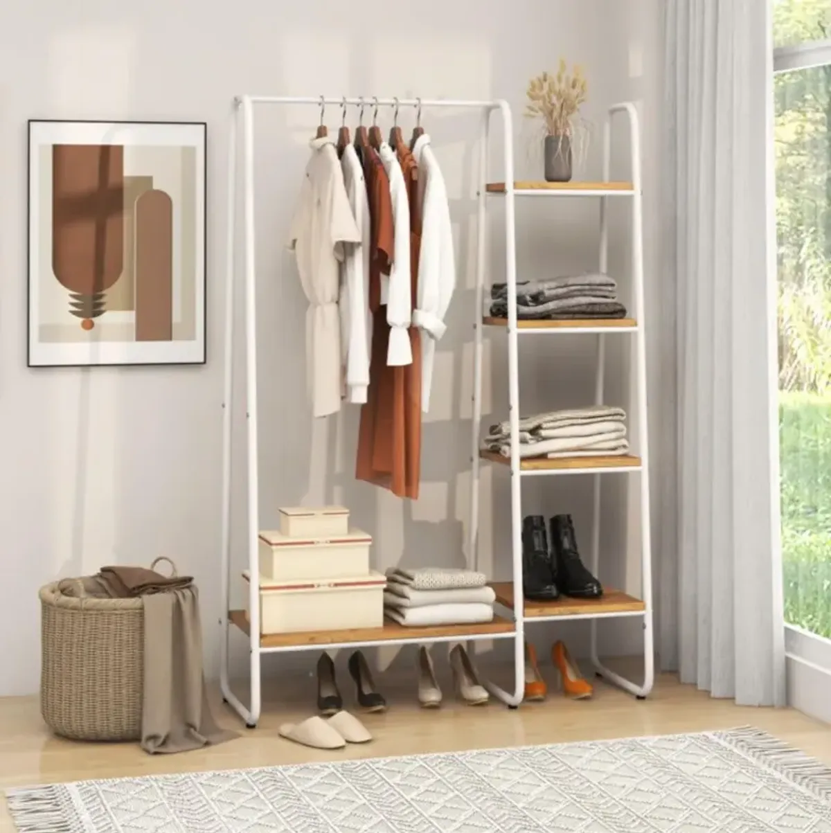 Hivvago Clothes Rack Free Standing Storage Tower with Hanging Bar