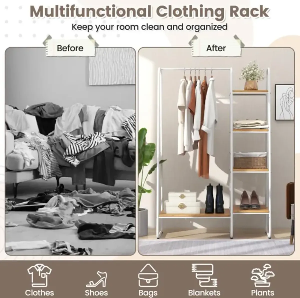 Hivvago Clothes Rack Free Standing Storage Tower with Hanging Bar