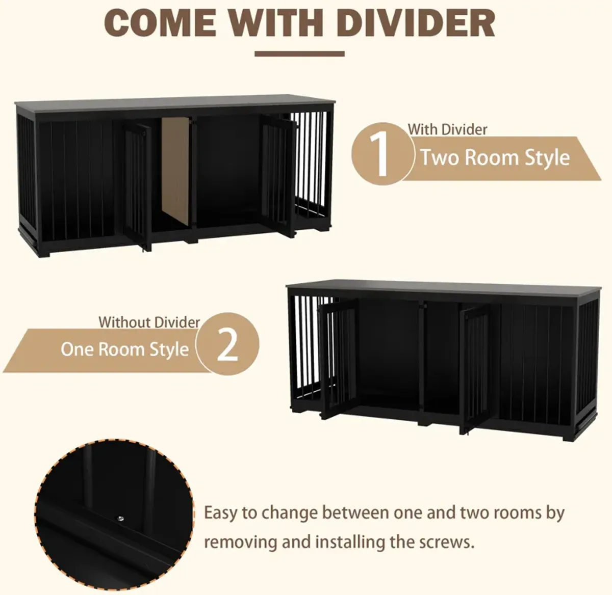 Black Large Dog Crate Furniture for 2 Dogs, 71 in. Heavy-Duty Wooden Dog Crate w/Trays and Divider for Large Medium Dog