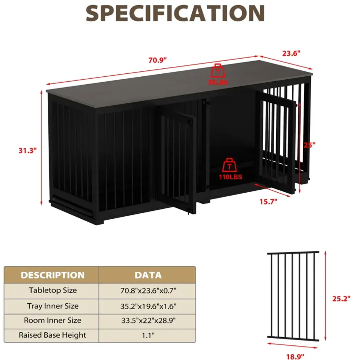 Black Large Dog Crate Furniture for 2 Dogs, 71 in. Heavy-Duty Wooden Dog Crate w/Trays and Divider for Large Medium Dog