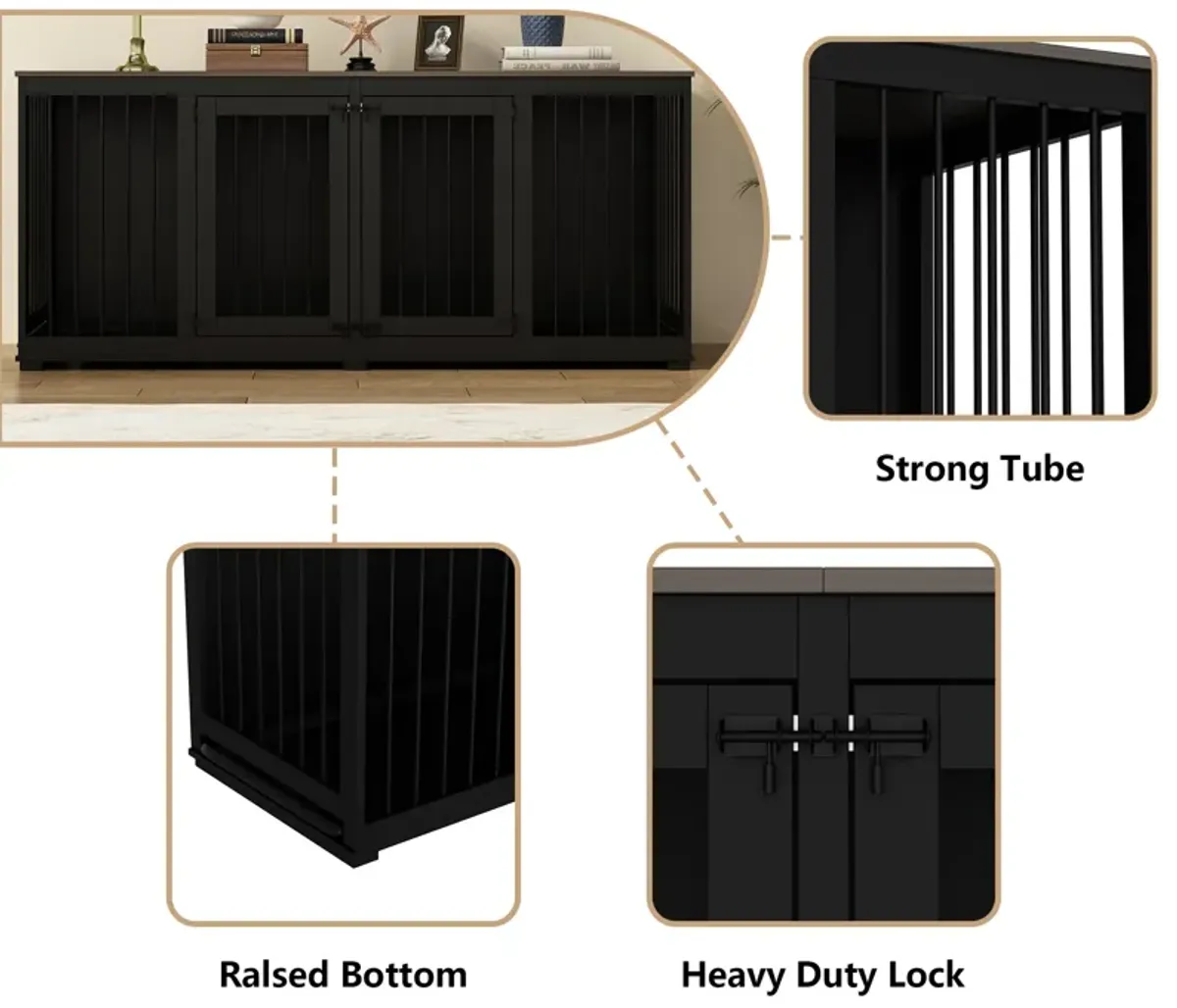 Black Large Dog Crate Furniture for 2 Dogs, 71 in. Heavy-Duty Wooden Dog Crate w/Trays and Divider for Large Medium Dog