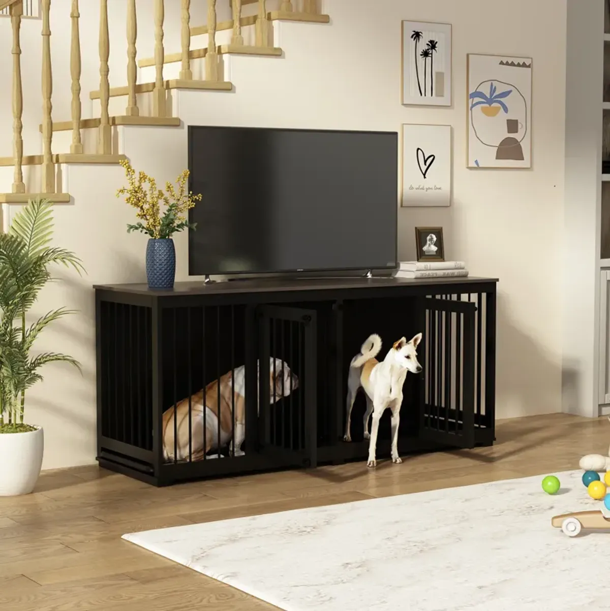 Black Large Dog Crate Furniture for 2 Dogs, 71 in. Heavy-Duty Wooden Dog Crate w/Trays and Divider for Large Medium Dog