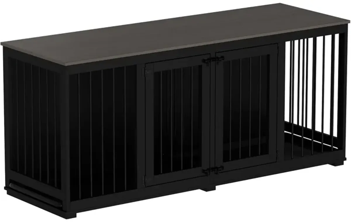 Black Large Dog Crate Furniture for 2 Dogs, 71 in. Heavy-Duty Wooden Dog Crate w/Trays and Divider for Large Medium Dog