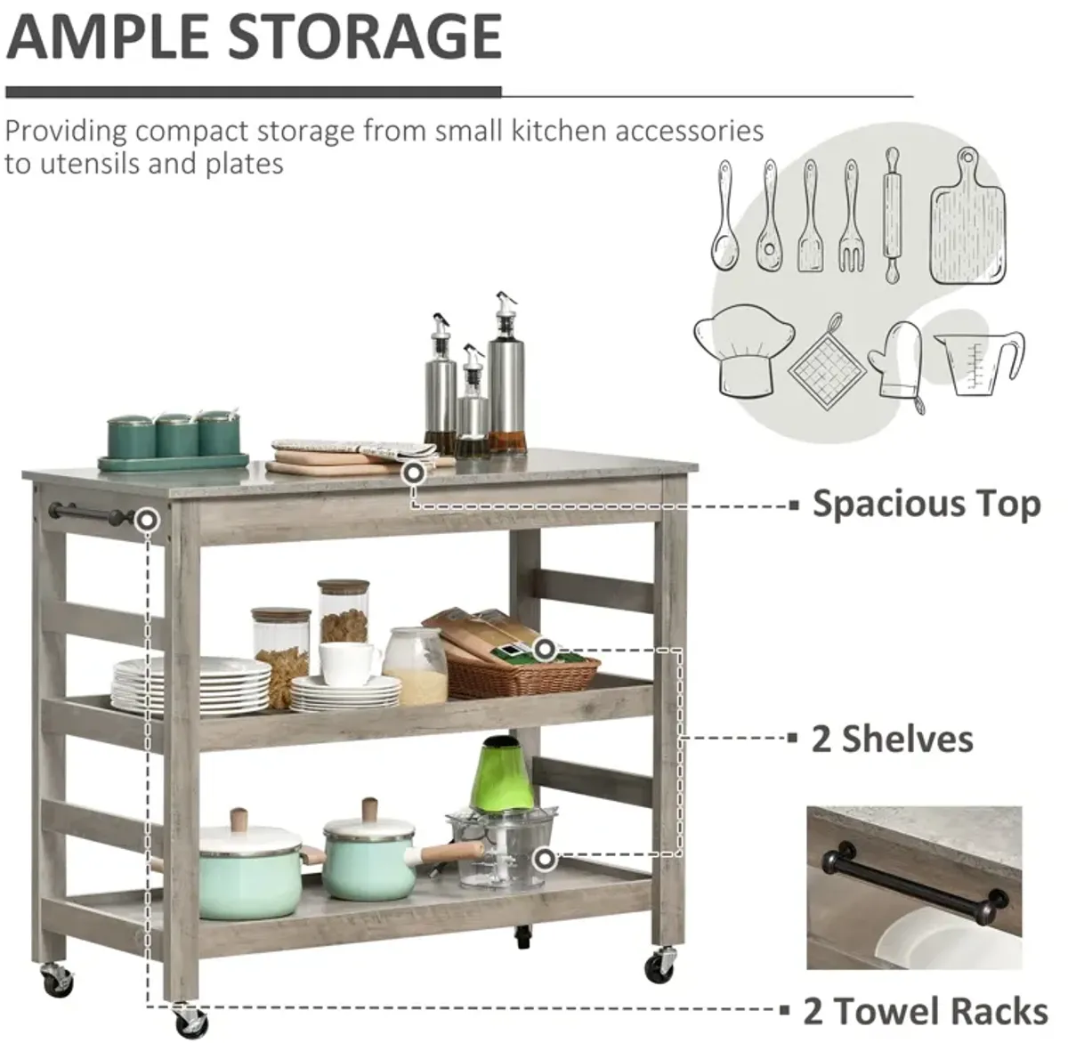 Gray Kitchen Helper: Rolling Cart with Stainless Steel Countertop