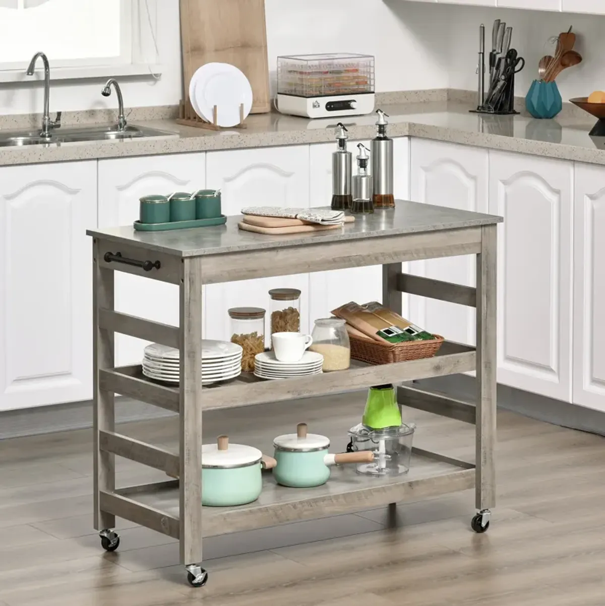 Gray Kitchen Helper: Rolling Cart with Stainless Steel Countertop