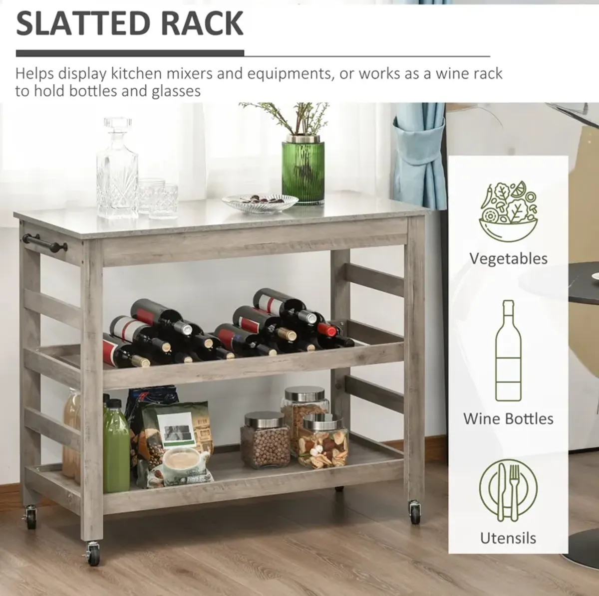 Gray Kitchen Helper: Rolling Cart with Stainless Steel Countertop