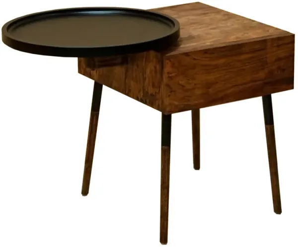 22 Inch Handcrafted 2 Tone Acacia Wood End Side Table, Round Metal Tray Top, 1 Drawer, Brown, Black-Benzara