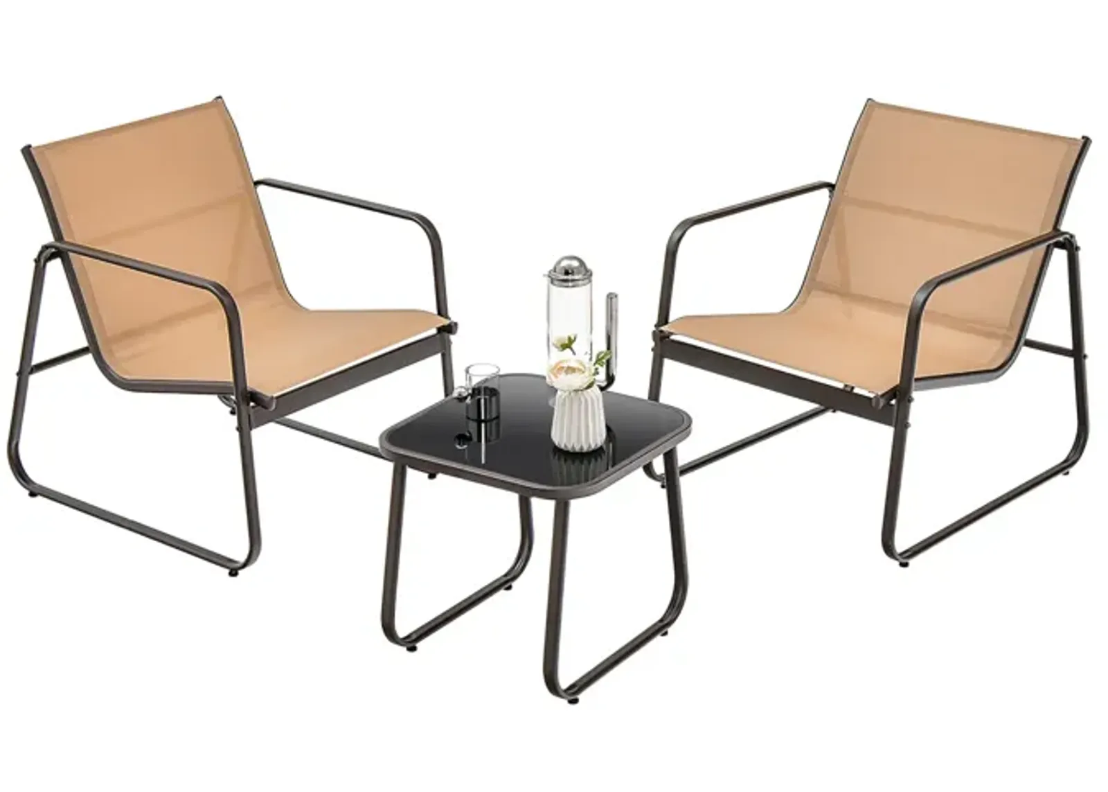 3 Pieces Patio Conversation Set with Breathable Fabric and Tabletop-Brown