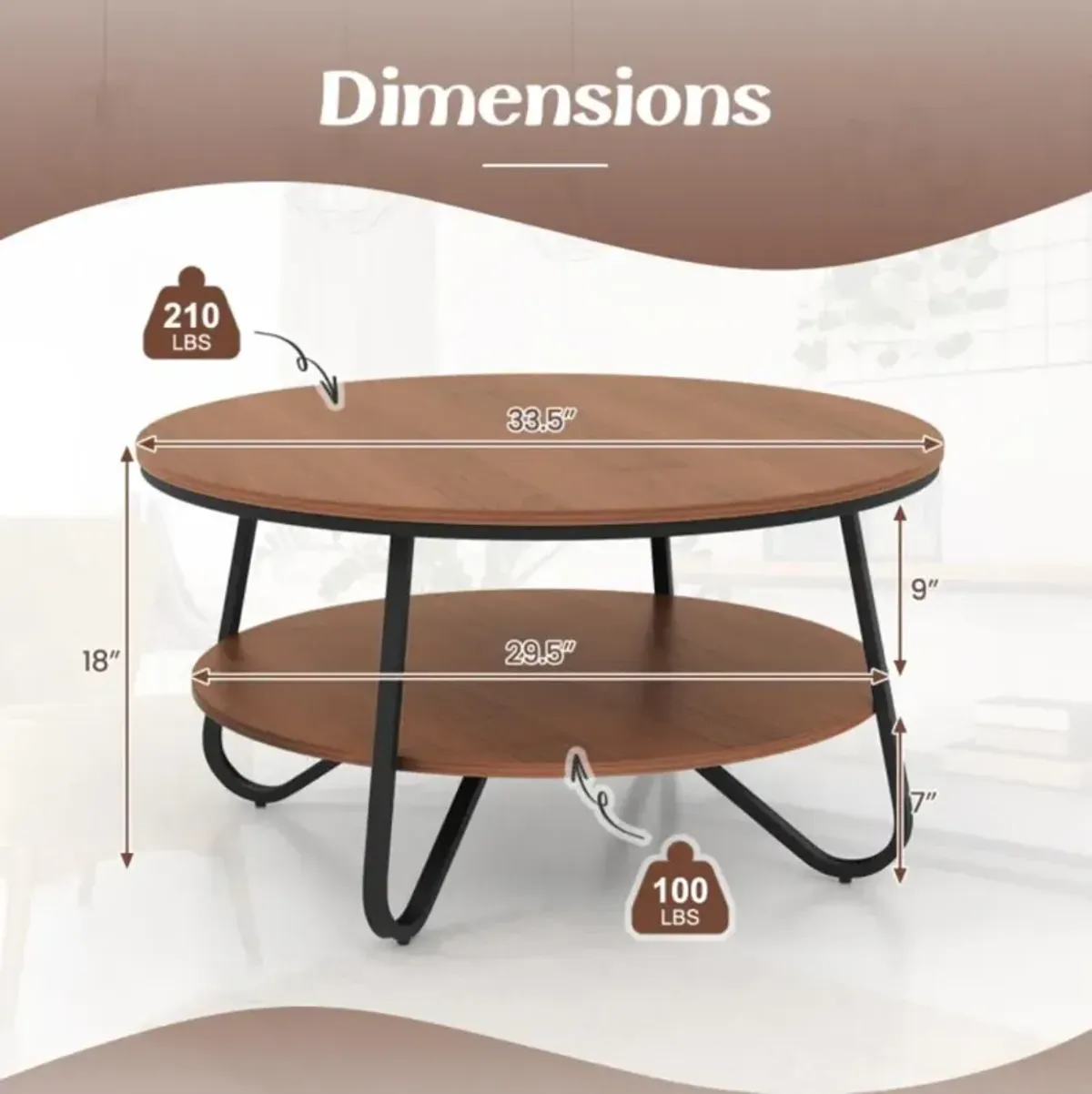 Hivvago 33.5 Inch Round Coffee Table with Wood Grain Finish and Heavy-duty Metal Frame