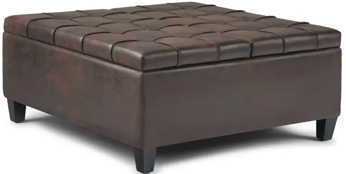 Simpli Home Harrison Coffee Table Storage Ottoman In Distressed Brown Vegan Faux Leather