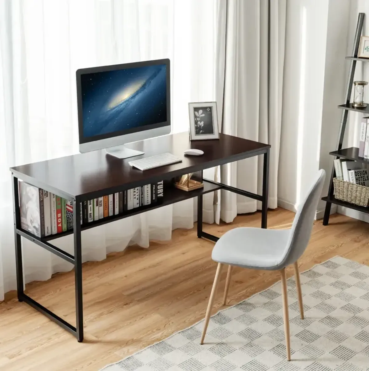 Costway 55'' Computer Desk Writing Table Workstation Home Office w/Bookshelf Natural