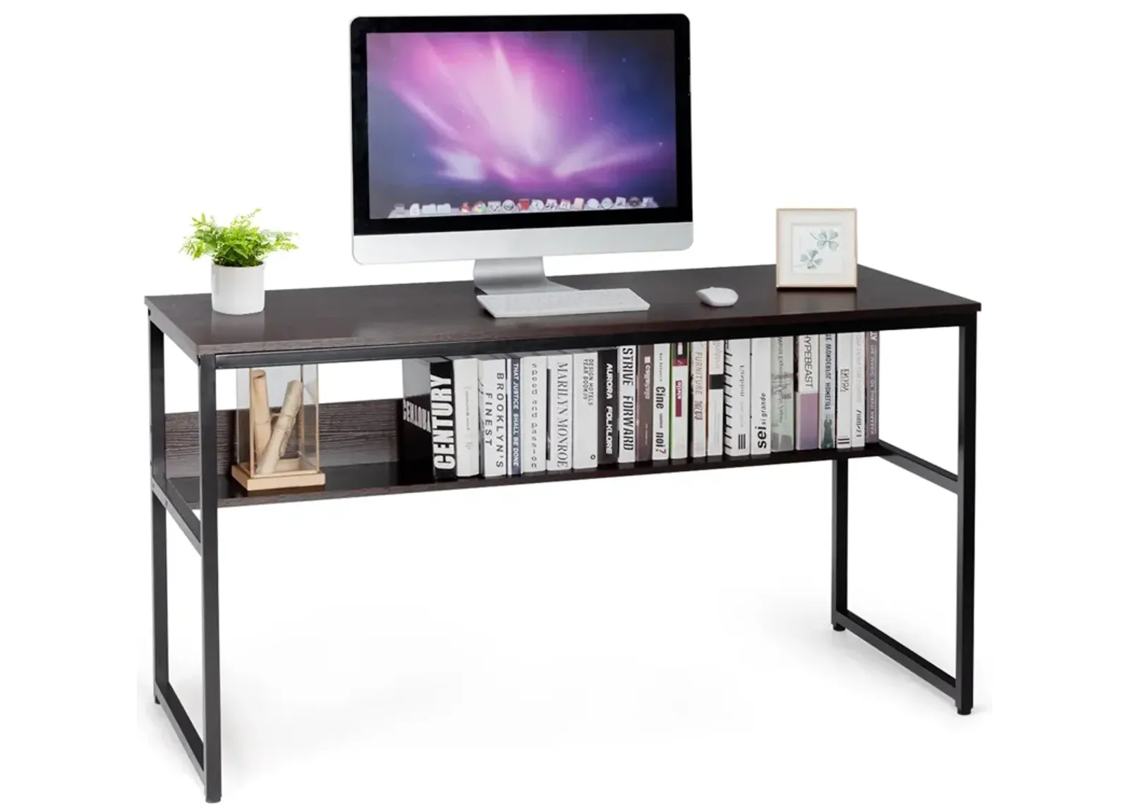 Costway 55'' Computer Desk Writing Table Workstation Home Office w/Bookshelf Natural