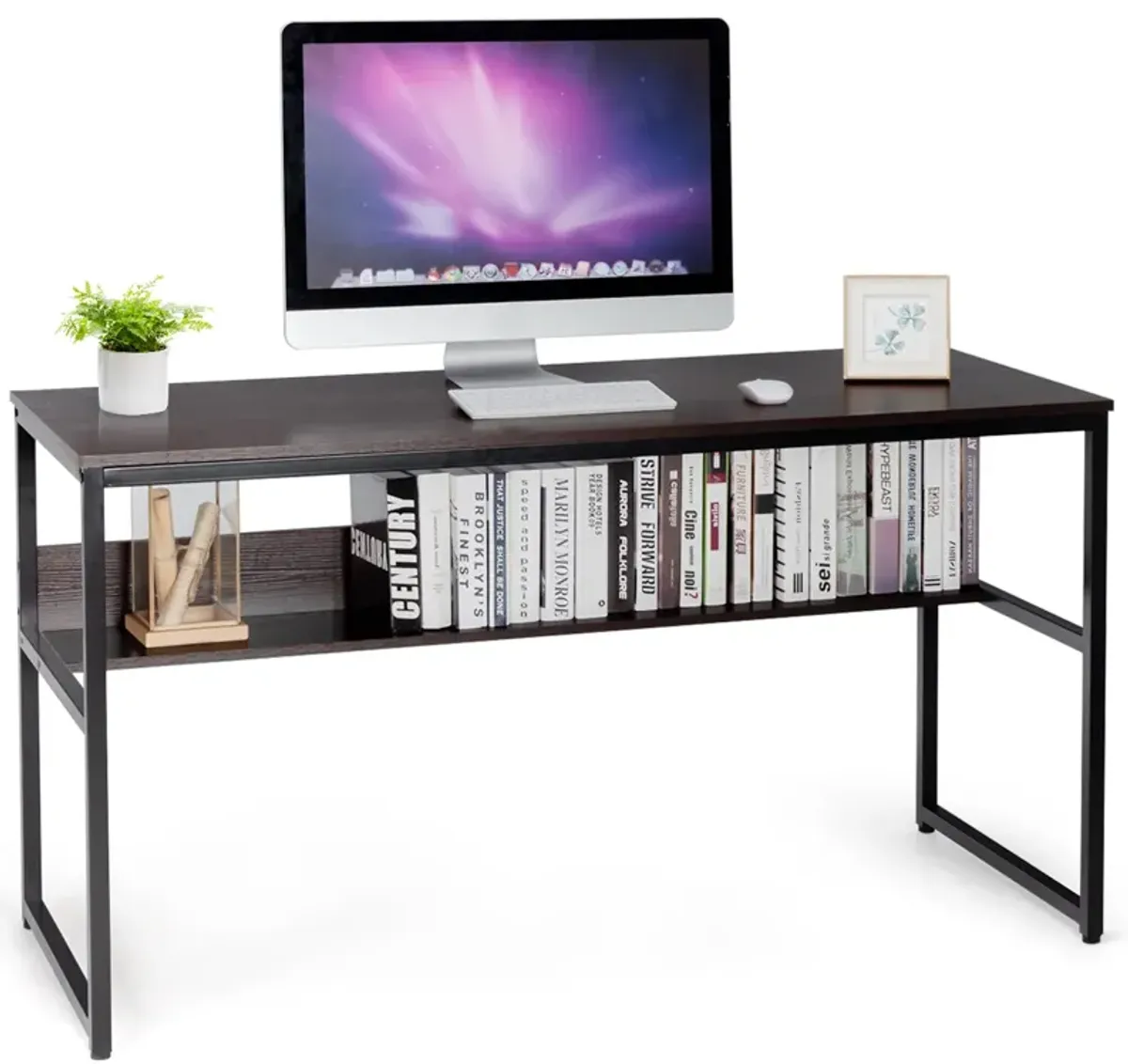 Costway 55'' Computer Desk Writing Table Workstation Home Office w/Bookshelf Natural