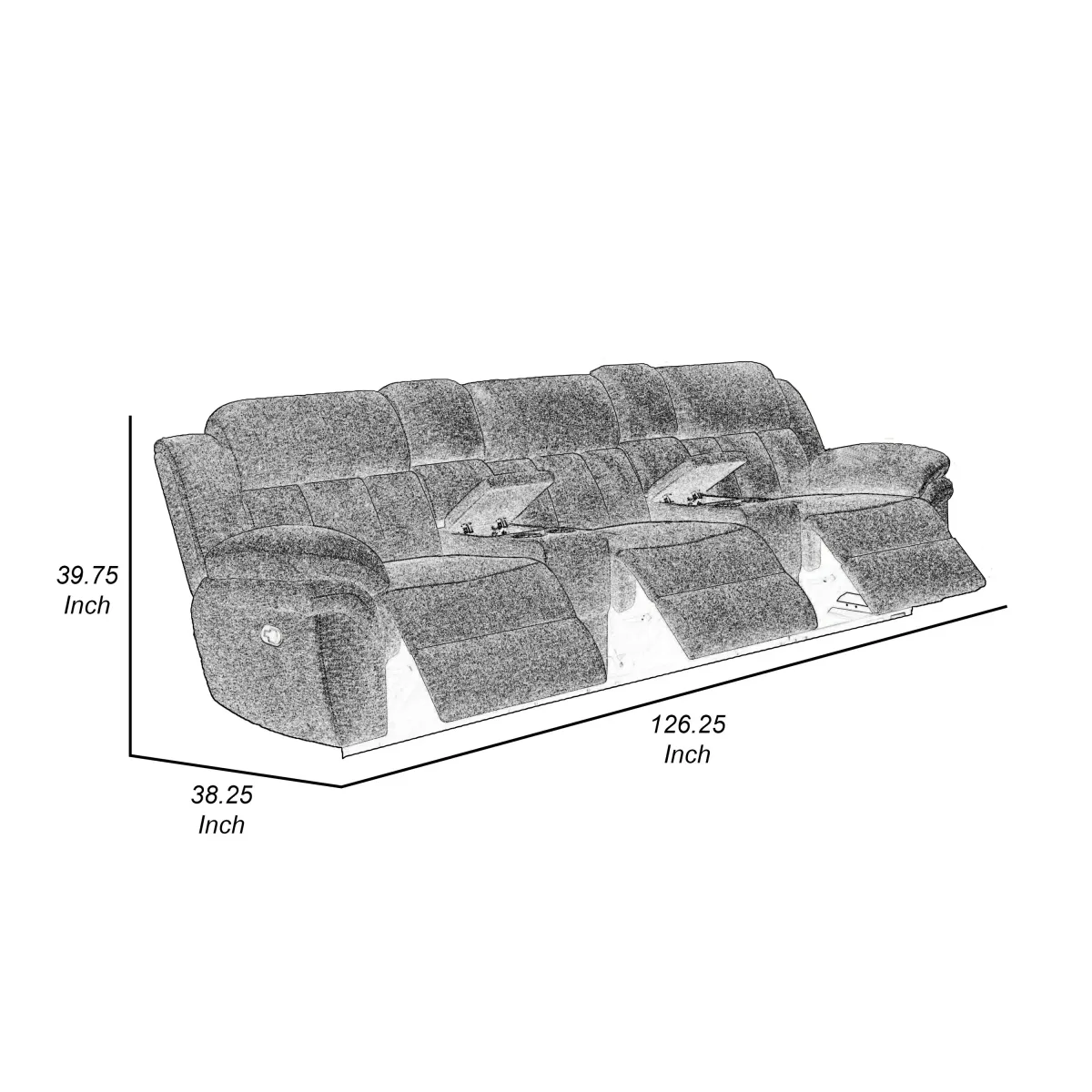 Jak Manual Recliner Sofa, 2 Consoles, Cushioned Tufted Seats, Charcoal Gray - Benzara