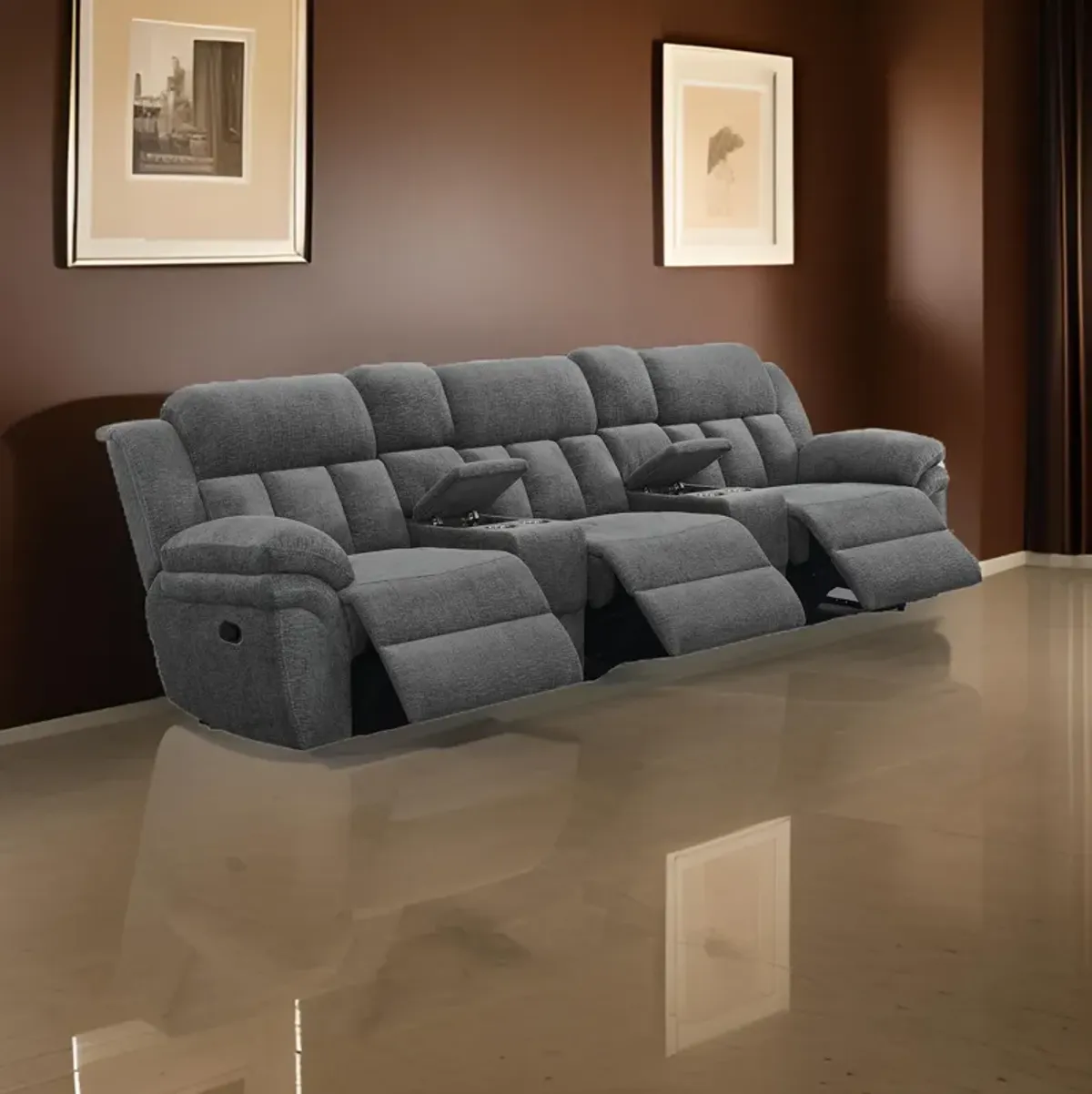 Jak Manual Recliner Sofa, 2 Consoles, Cushioned Tufted Seats, Charcoal Gray - Benzara