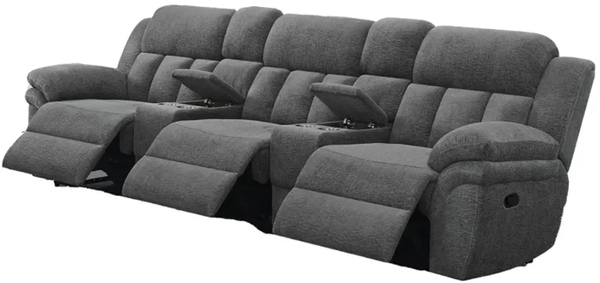 Jak Manual Recliner Sofa, 2 Consoles, Cushioned Tufted Seats, Charcoal Gray - Benzara