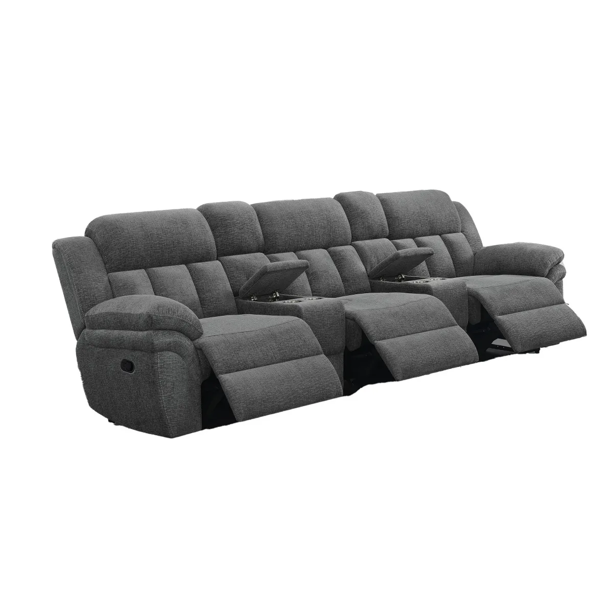 Jak Manual Recliner Sofa, 2 Consoles, Cushioned Tufted Seats, Charcoal Gray - Benzara