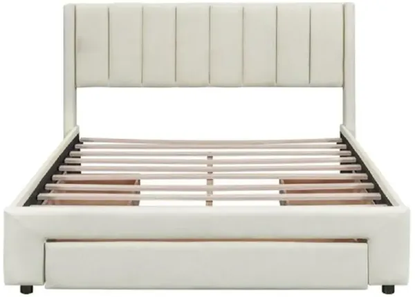Upholstered Platform Bed with One Large Drawer in the Footboard and Drawer on Each Side