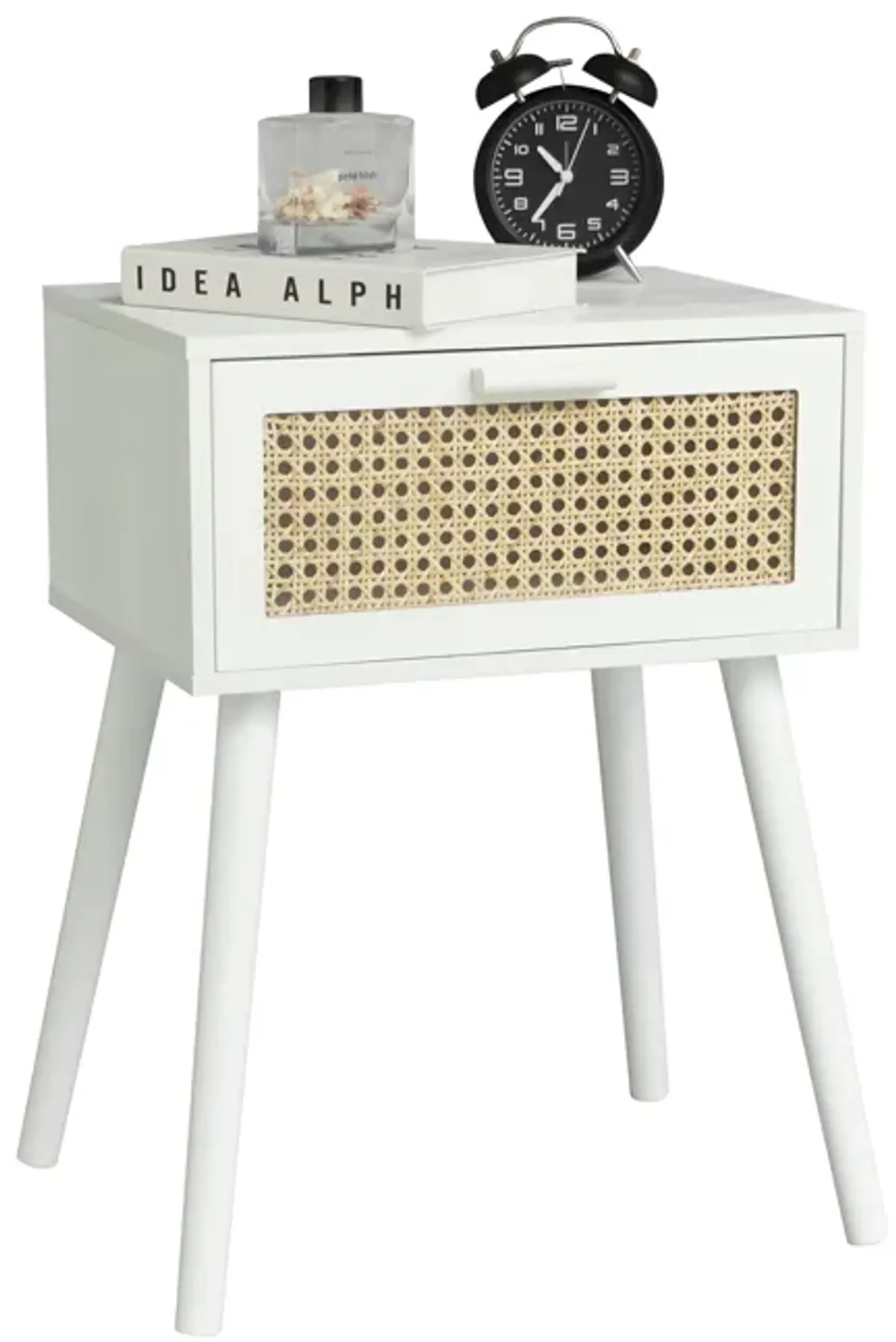 AWASEN White Rattan Nightstand, Modern Bedside Table with Rattan Drawer, End Table with Storage and Solid Wood Legs for Bedroom
