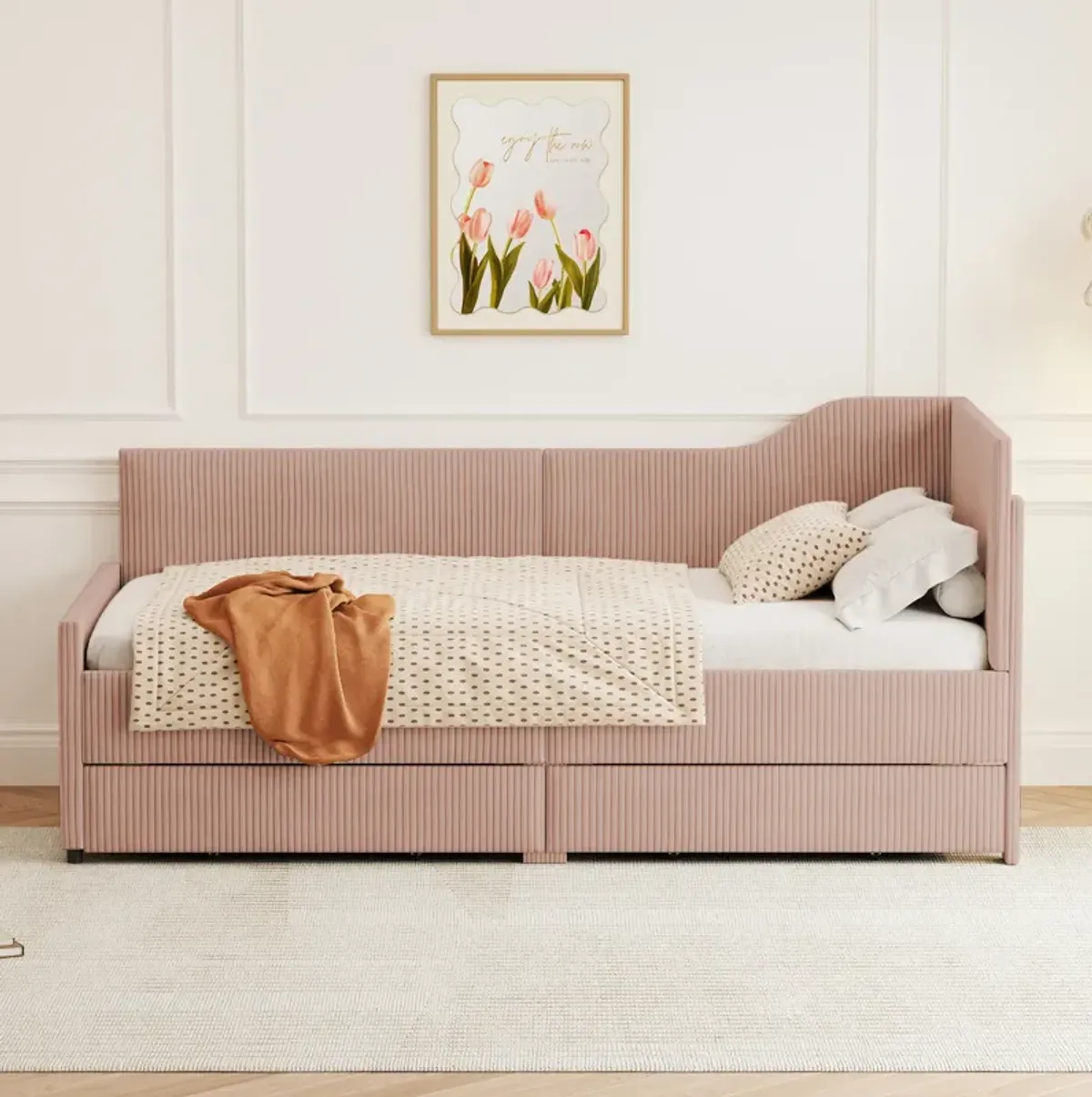 Merax L-Shaped Corduroy Daybed with 2 Storage Drawers