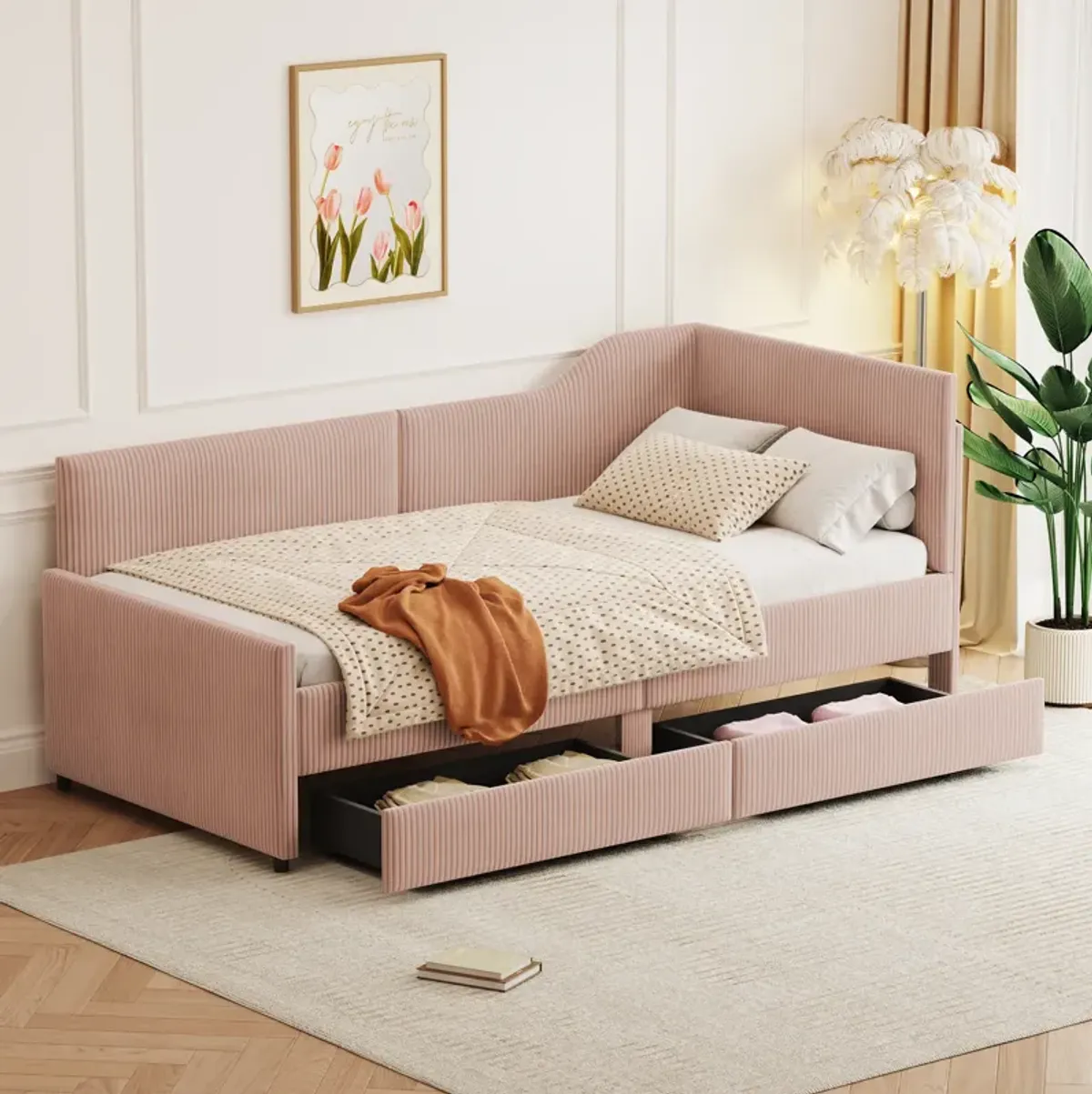 Merax L-Shaped Corduroy Daybed with 2 Storage Drawers