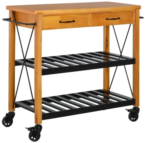 Hivvago FarmHouse Rolling Kitchen Island 2 Drawers Storage with Butcher Block Rubberwood Top