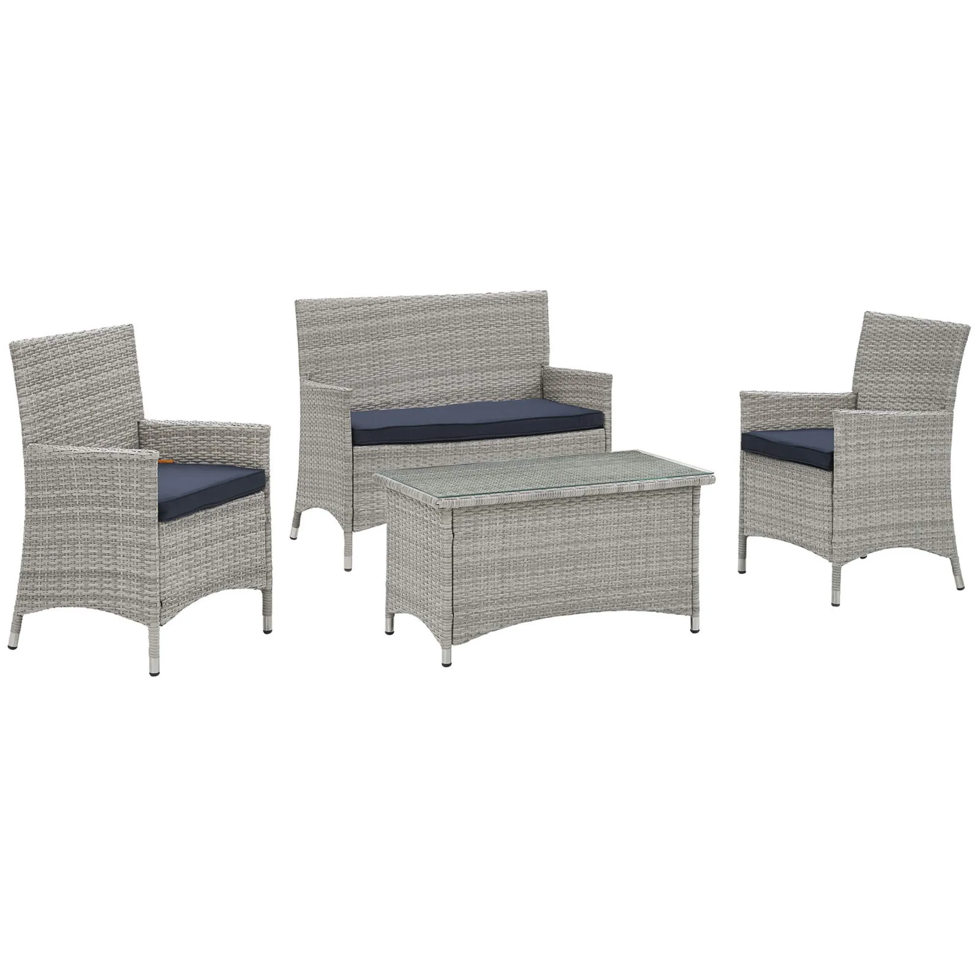 Bridge Wicker Rattan Outdoor Patio Sectional Sofa Set - Gray Distressed Chic Style. Sturdy Aluminum Frame, Tempered Glass Coffee Table. All-Weather Cushions. Perfect for Contemporary Outdoor Spaces. Includes Loveseat, Armchairs, and Coffee Table.