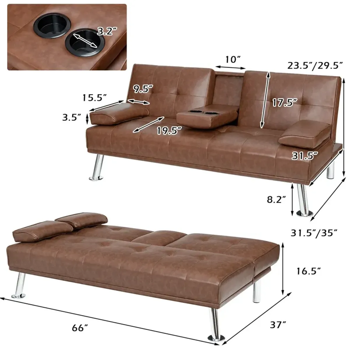 Convertible Folding Leather Futon Sofa with Cup Holders and Armrests