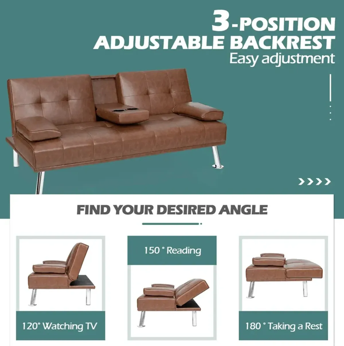 Convertible Folding Leather Futon Sofa with Cup Holders and Armrests