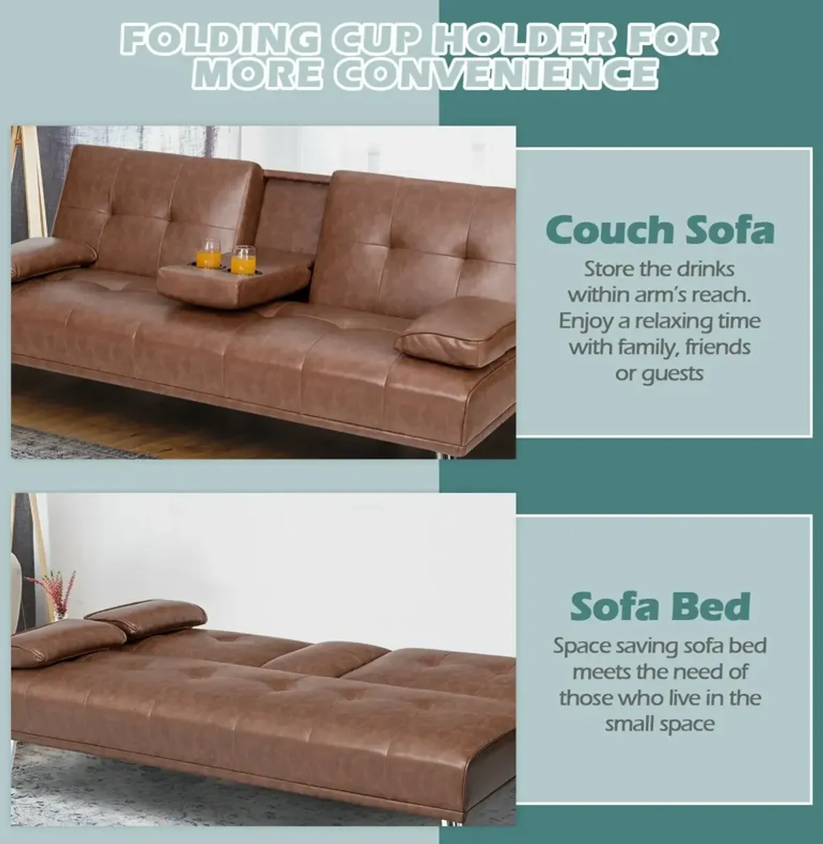 Convertible Folding Leather Futon Sofa with Cup Holders and Armrests