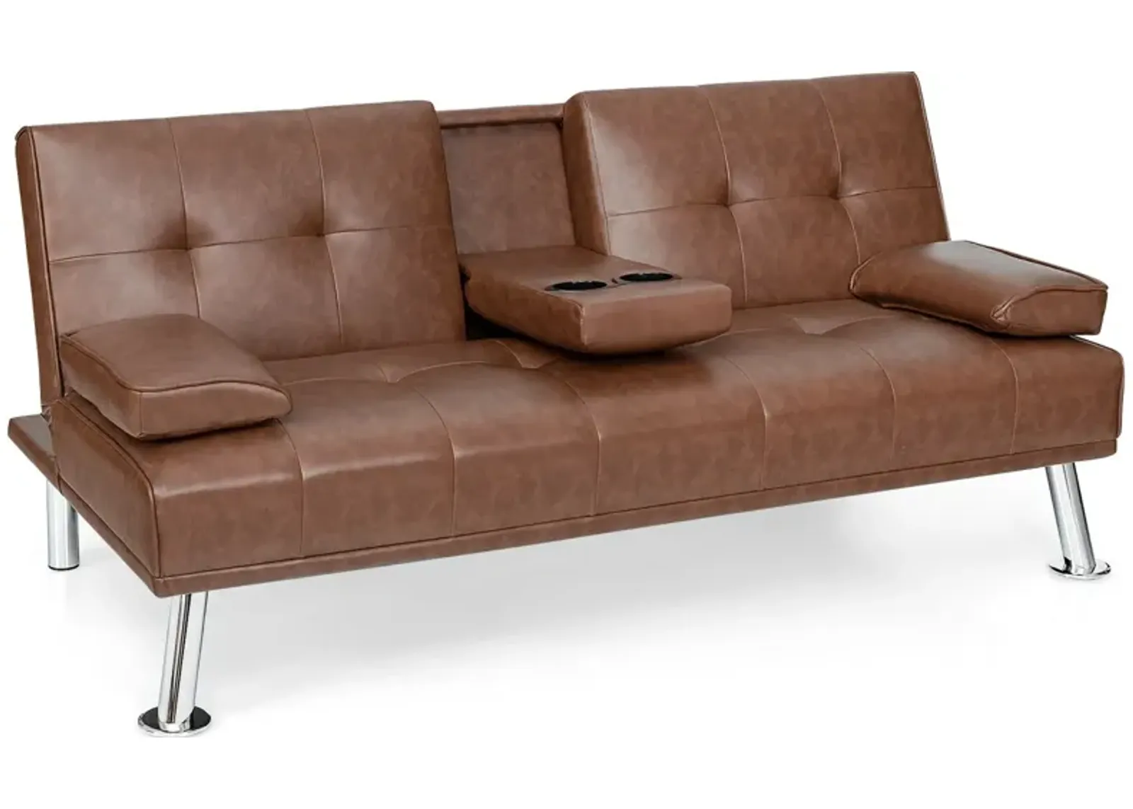 Convertible Folding Leather Futon Sofa with Cup Holders and Armrests