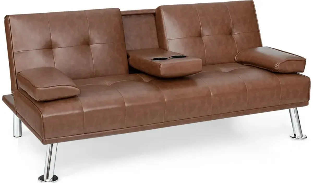 Convertible Folding Leather Futon Sofa with Cup Holders and Armrests