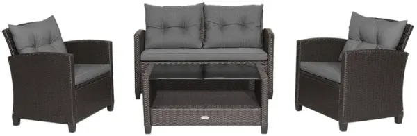 Outdoor 4-Piece Rattan Patio Furniture Set with Glass Coffee Table